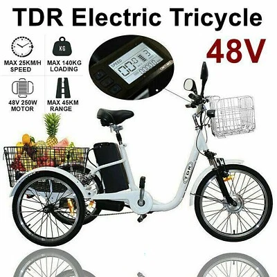 TDR 48V 250W ELECTRIC TRICYCLE REVERSE FUNCTION PEDAL ASSIST EBIKE TRIKE WHITE  - image 1 of 4
