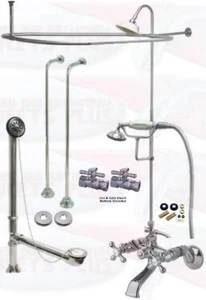 Chrome Tub Mount Clawfoot Faucet Kit W/Shower Riser Enclosure, Drain & Supplies - Picture 1 of 3