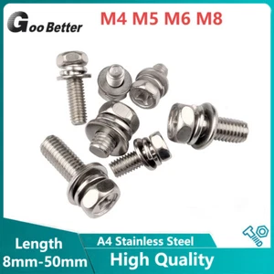 A4 Stainless Steel M4 M5 M6 M8 Phillips Hex Head Bolts & Flat/Spring Washer - Picture 1 of 11