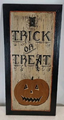 Hand Painted Trick or Treat Repurposed Cabinet Door Hanging Sign HALLOWEEN RETRO - Image 1 of 4