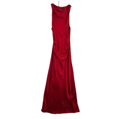 Vestido Zara Para Mujer XS Rojo Satén Maxi Sin Mangas Capucha Cuello Acanalado Formal Vestido Nuevo Foto 1 de 4
