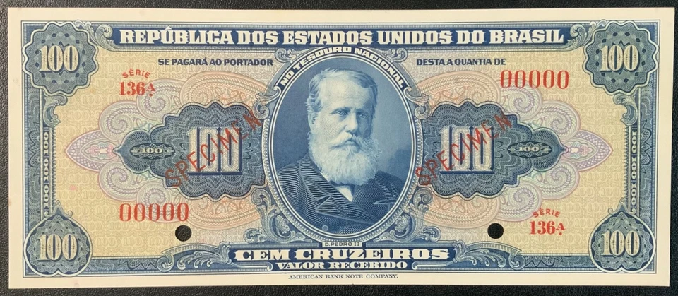 Papel moneda de Brasil 1943 - ¡100 cruzeiros espécimen billete sin circular! Foto 1 de 2