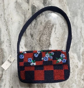 Anthropologie The FIONA Borsa con Perline: Varsity Check Edizione Limitata Blu Rosso Nuova con etichette - Foto 1 di 13
