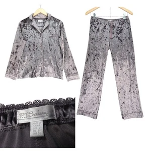 PJ Salvage Pyjama Set Plush Crushed Velvet Plum Grey Long Sleeve Loungewear S - Picture 1 of 18