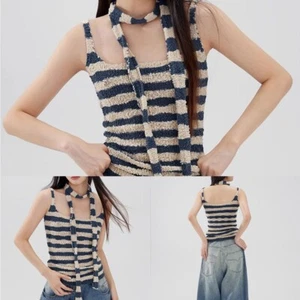 Sleeveless Womens Personality Top in Stripe Design with Matching Scarf - Picture 1 of 21