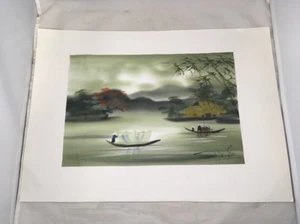 Flussszene asiatischer Stil Gemälde Boote Fischerdorf ohne Rahmen - Bild 1 von 12