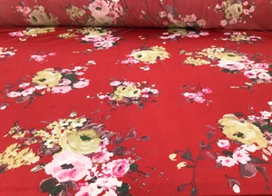 Printed DTY Spandex Stretch Apparel Fabric Red Tan Pink Burgundy Floral J410 - Picture 1 of 1