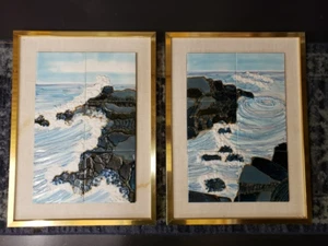 Par de obras de arte de azulejos de cerámica fuertes Harris G. enmarcados tituladas "Old Sow Whirlpool" - Imagen 1 de 6