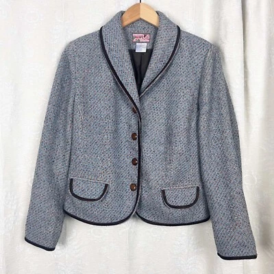 April Cornell vintage blue tweed blazer brown velvet trim preppy grunge Sm - Image 1 of 4