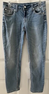 Pantalones de mezclilla ajustados elásticos Knox Rose bordados con joyas talla 6 medio azul lavado - Imagen 1 de 12