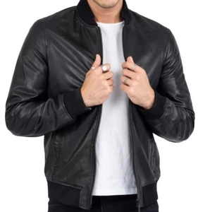 Men Real Sheep Cafe Racer Black Leather Casual Slim Fit Real Biker Jacket - Picture 1 of 3