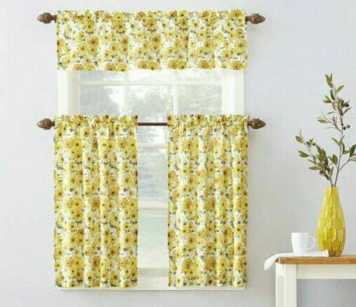 Farmhouse Country SUNFLOWER Valance or 3 Piece Kitchen Curtains Set Tiers Yellow - Image 1 of 2