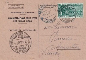 1948 Ponte di Bassano, n. 592 15 Lire isolato su Avviso di Ricevimento - Imagen 1 de 1
