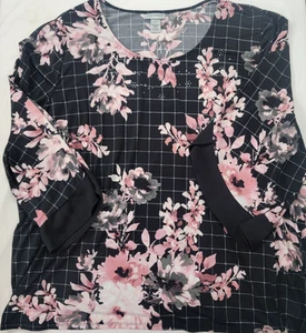 Catherines Damen Shirt Oberteil schwarz rosa Blumen kariert mit ausgefallenen Ärmeln Größe 4X - Bild 1 von 6