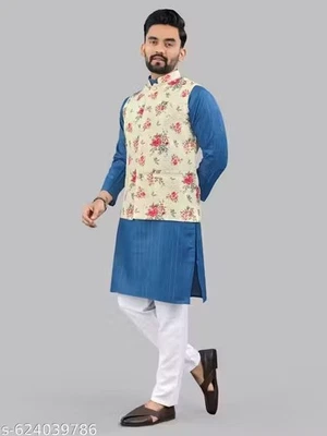 Men&Boys Silk Kurta Pyjama Waistcoat Set Traditional Indian Ethnic Attire Outfit - Image 1 of 4