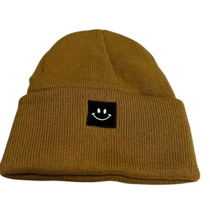 Kids Beanie Hats Smiley Face Patch Cuffed Winter Warm Knit Cap - Picture 1 of 10