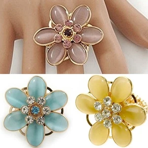 Cats Eye Glass & Austrian Crystal Floral Daisy Flower Statement Cocktail Ring  - Picture 1 of 18