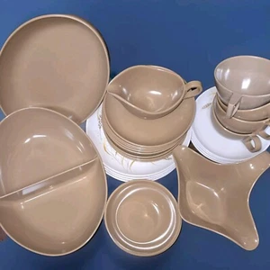 Melmac 27 Piece Dish Set Whispering Wheat Brown Lot Vintage Retro MCM RV Camping - Picture 1 of 17