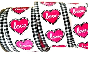 Valentine Pink Glitter Hearts 2.5" by 5 yds White Satin Wired Ribbon Check Edges - Picture 1 of 5