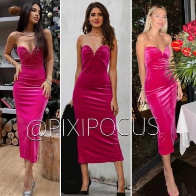 ZARA Fuchsia Velvet Midi Dress Strapless S NWT Defect Read - Image 1 of 4