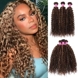 UNice Mongolian Ombre Highlight Blonde Curly Bundles Human Hair Weaves Extension - Picture 1 of 12