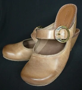 BARE TRAPS~Womens~6.5M~MULES~Wedge Heal~LEATHER~Distressed Brown~SIDE BUCKLE~EC - Picture 1 of 10