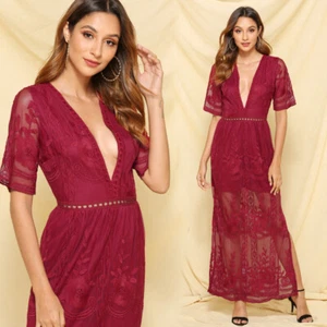 Women's short sleeved deep V-neck floral long bridesmaid dress lace dress - Picture 1 of 15