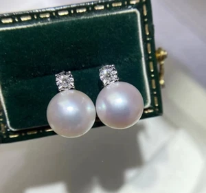 AAA gorgeous 0.06CT diamond 9-10mm south sea round white pearl earring 18K -Y - Picture 1 of 8