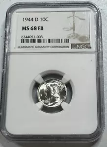 1944-D  Mercury US Silver Dime,   MS68 by NGC,   w/ FB,   an EXCEPTIONAL coin!!! - Picture 1 of 8