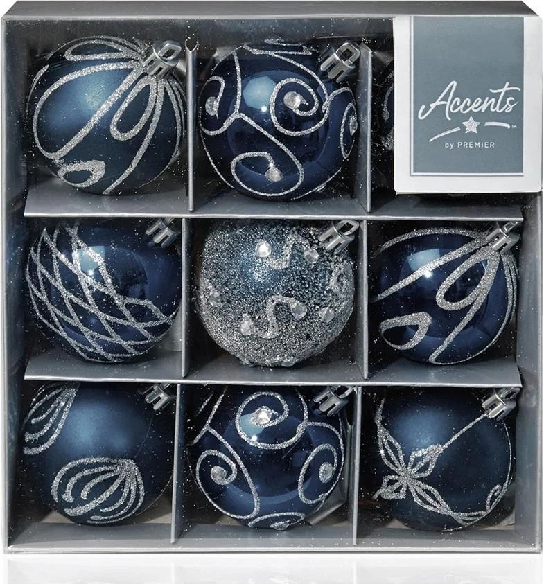 SOUTH EASTERN HORTICULTURAL Midnight Blue Decorated Bauble Christmas Tree Decorations 60mm Pack x9 Assorted