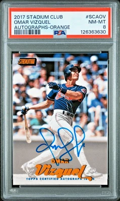 OMAR VIZQUEL 2017 Topps Stadium Club AUTO ORANGE🔥1/5 SCA-OV PSA 8 NM-MT CLE - Image 1 of 2