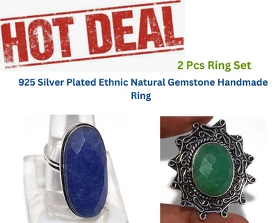 Juego de 2 anillos de zafiro azul simulado, esmeralda simulada | tamaño combinado 10,5 MJ Foto 1 de 4