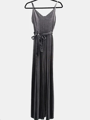 Velvet Belted Jumpsuit Womens Grey Stretchy Comfortable - Image 1 of 4