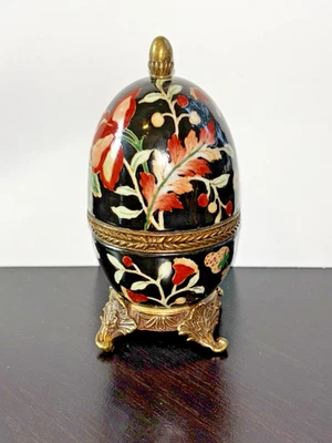 VTG Ceramic hinged trinket box attached brass base enamel hand painted 6" - Image 1 of 4