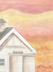 OrIgInAl FoLk ART WaTeRCoLoR PaInTiNg Pink YEllOw WhItE BaRn Published Artist - Picture 1 of 8