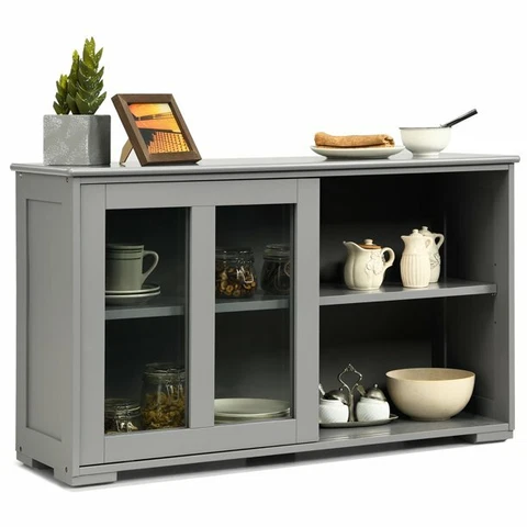 Gray Buffet Sideboard Storage Cabinet Sliding Glass Door Dining Kitchen Shelf Cover
