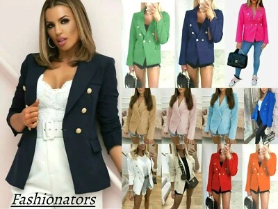 Women’s Gold Button Blazer Ladies Double Breasted Smart Formal Office Jacket - Image 1 of 4