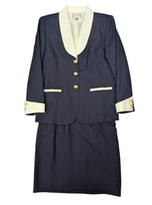 Vintage Suitsme Womens Skirt Suit 14 Blue Off-White Gold Buttons Blazer 2 Pc Set - Picture 1 of 18