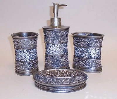 4 PC Set Grigio Argento Vetro Mosaico+ Resina Sapone Dispenser+Sapone Piatto+ - Immagine 1 di 4