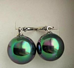 14mm Peacock BLACK Shell Pearl Dangle EARRINGS natural beauty - Picture 1 of 7