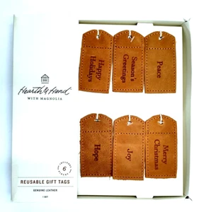 Christmas Gift Tags 6 Leather Reusable Holiday Labels by Hearth & Hand Magnolia - Picture 1 of 4