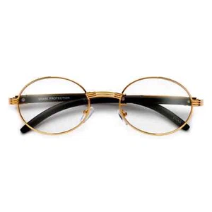 Mens Hip Hop Vintage Round Gold Brown Clear Lens 90's Gold Frame Wood Sunglasses - Picture 1 of 3