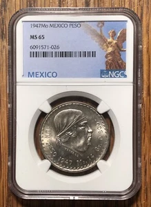 1947-Mo MEXICO 1 Silver Peso NGC MS65, Scarce This Nice, Super Luster - Bild 1 von 2