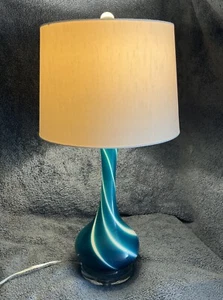 Murano Mid Century Glass Teal Blue Swirl Lamps With Shade 29” Tall - Picture 1 of 8
