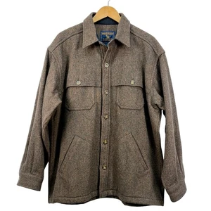 Woolrich Mens Forest Shirt Jacket Brown Herringbone Wool Blend Large Pockets - Picture 1 of 16