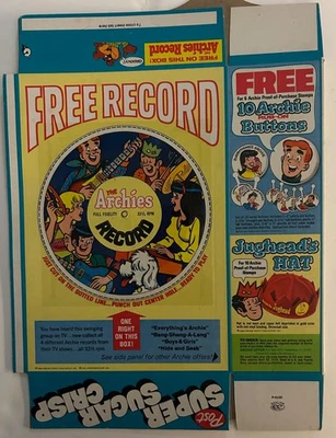 1969 SUGAR CRISP CEREAL BOX W/ARCHIE RECORD - FACTORY FLAT - MINTY - Image 1 of 2