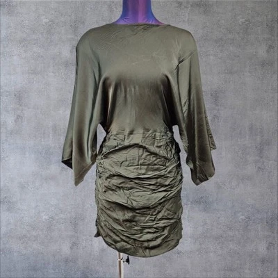 Anthropologie Olive Green Satin Ruched Flare Sleeve Mini Dress Size XS NWT T48 - Image 1 of 4