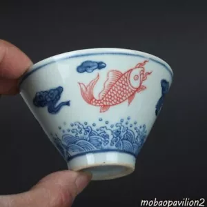 3.1" Chinese Qing Blue White Porcelain Folk Kiln Red Glaze Fish Douli Cup Decor - Picture 1 of 10