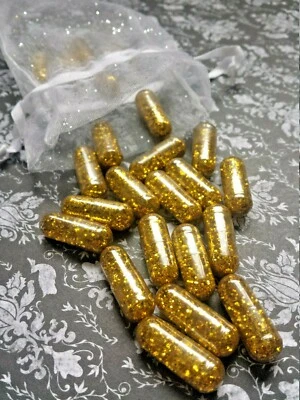 20 GOLD Glitter Pills in Bag ~ Bling Sparkle Capsules ~ Bachelorette Party Favor - Image 1 of 3