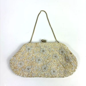 Vtg Delill Evening Bag Clutch Off White Beaded Daisy Flower Kiss lock Glamour - Picture 1 of 11